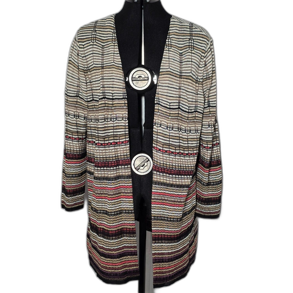 Nic + Zoe Women's Cardigan Sweater L Multicolor Beige Linen Blend Open Front